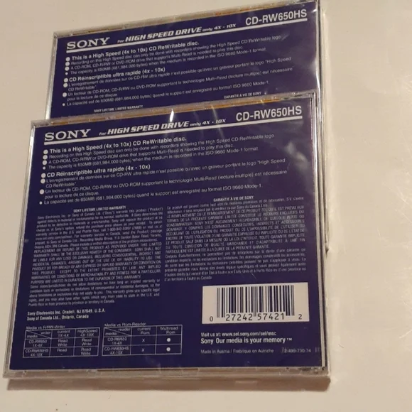 2 Sony CD-RW Disc 650MB CD-RW650HS New - Picture 2 of 2